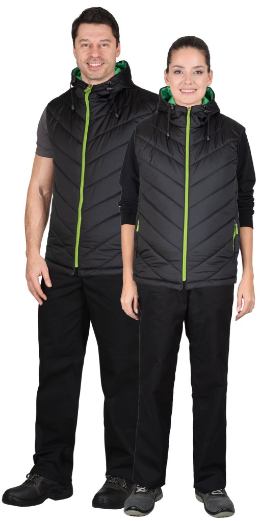 Жилет СИРИУС-СТИЛЬ утепленный, черный с зеленой отделкой