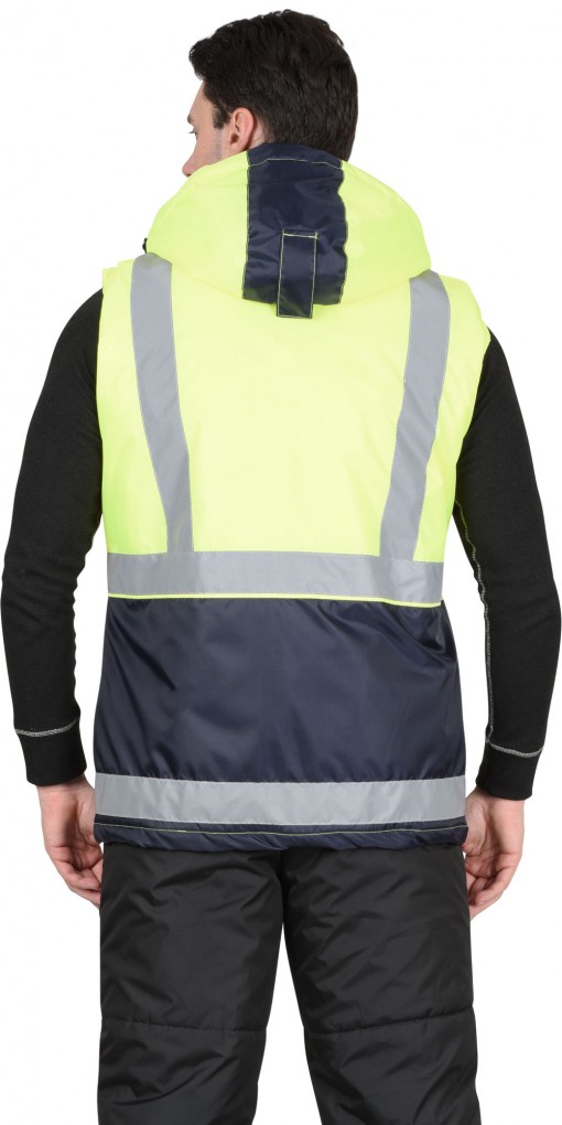 Жилет СИРИУС-ТЕРМИНАЛ утепленный с капюшоном темно-синий с лимонным и СОП