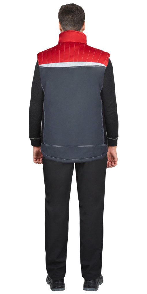 Жилет СИРИУС-ФАВОРИТ-МЕГА утепленный, удлиненный, тёмно-серый с черным и красной отделкой