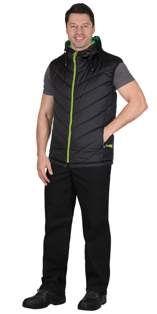 Жилет СИРИУС-СТИЛЬ утепленный, черный с зеленой отделкой