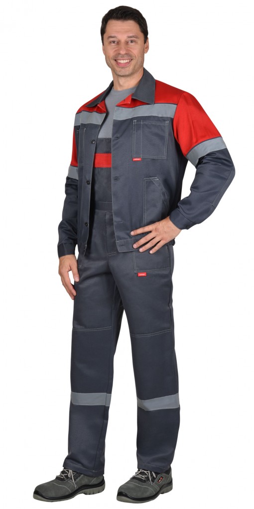 Костюм СИРИУС-ЛЕГИОНЕР куртка, полукомбинезон, темно-серый с красным и СОП 50 мм.
