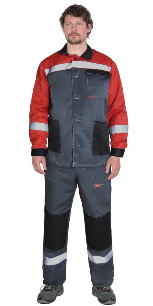 Костюм СИРИУС-ПРОФИЛЬ куртка/брюки темно-серый с красным с черной отделкой и СОП