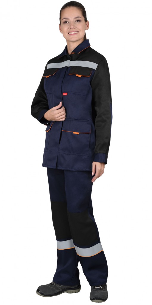 Костюм СИРИУС-УДАРНИЦА женский: куртка/полукомбинезон темно-синий с черным с оранжевой отделкой и СОП