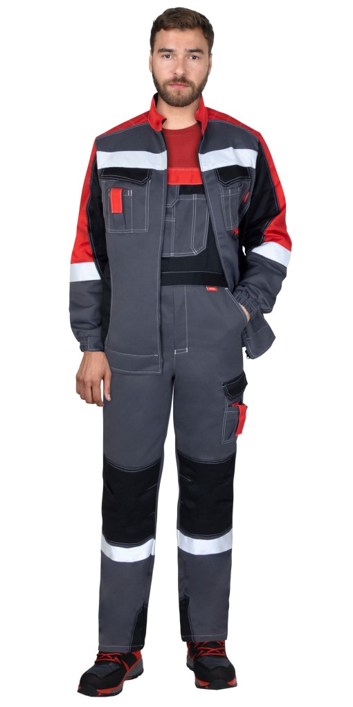 Костюм СИРИУС-ФАВОРИТ-МЕГА куртка/полукомбинезон, тёмно-серый с красным, черным и СОП