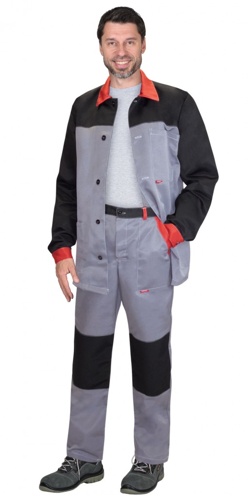 Костюм СИРИУС-АСПЕКТ куртка длин, брюки, средне-серый с черным и красной отделкой