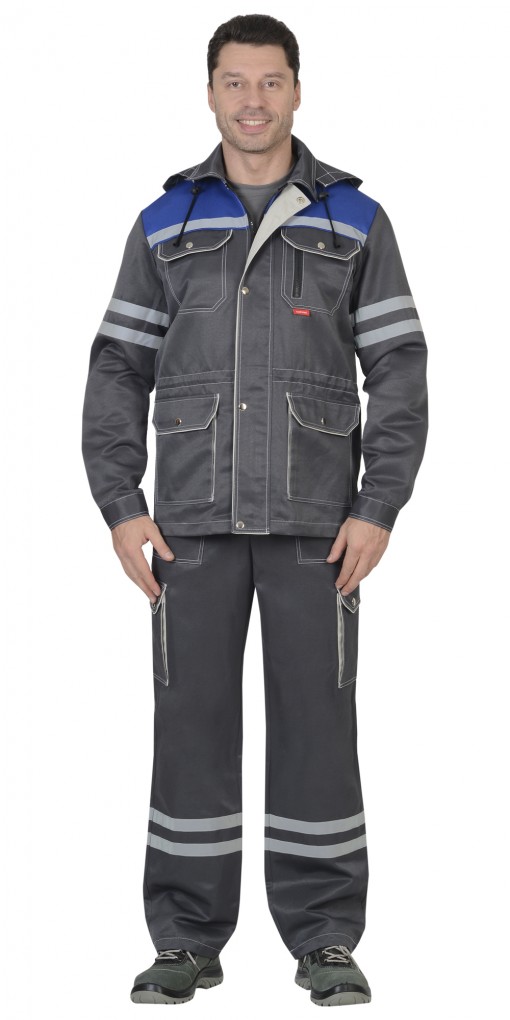 Костюм СИРИУС-ЛИДЕР куртка, полукомбинезон, темно-серый с васильковым и молочным и СОП 25мм