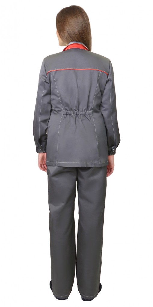 Костюм СИРИУС-ЗОЛУШКА женский, куртка, брюки, темно-серый со светло-серым и красной отделкой