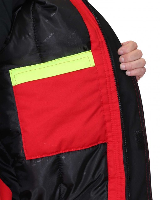 Костюм СИРИУС-СТАН зимний: куртка, полукомбинезон красный с черным и лимонной отделкой и СОП