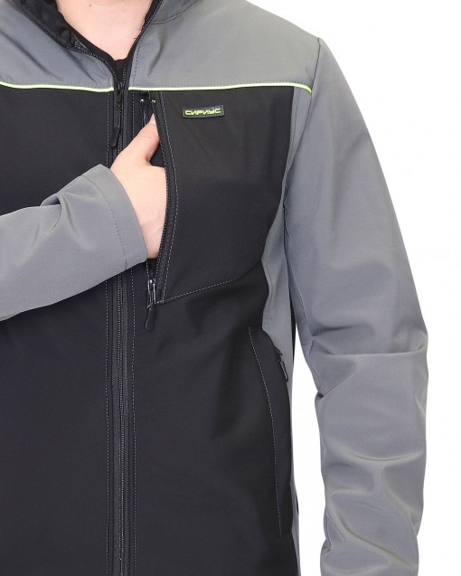 Куртка СИРИУС-СПРИНТЕР СОФТ демисезонная удлиненная с капюшоном софтшелл черная с серым