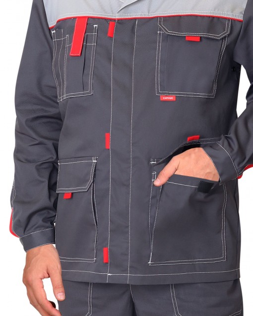 Куртка СИРИУС-ФАВОРИТ-ЛЮКС удлиненная темно-серая с серым и красным