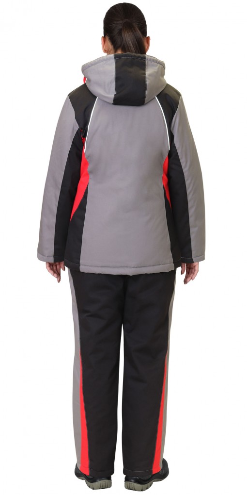 Костюм СИРИУС-СИБИРЯЧКА зимний женский: куртка дл., полукомбинезон серый с черным  и красным