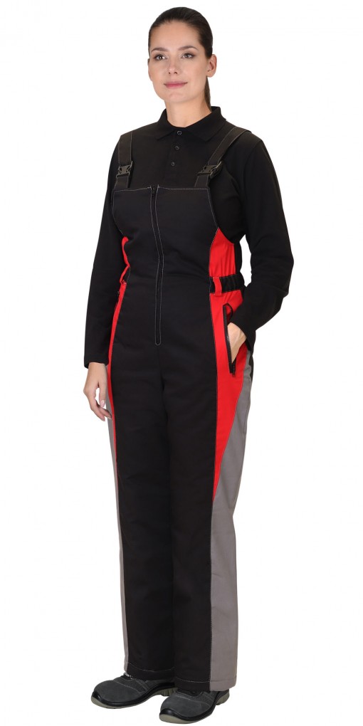 Костюм СИРИУС-СИБИРЯЧКА зимний женский: куртка дл., полукомбинезон серый с черным  и красным