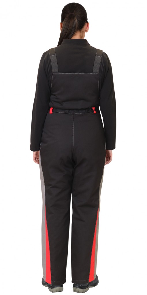 Костюм СИРИУС-СИБИРЯЧКА зимний женский: куртка дл., полукомбинезон серый с черным  и красным