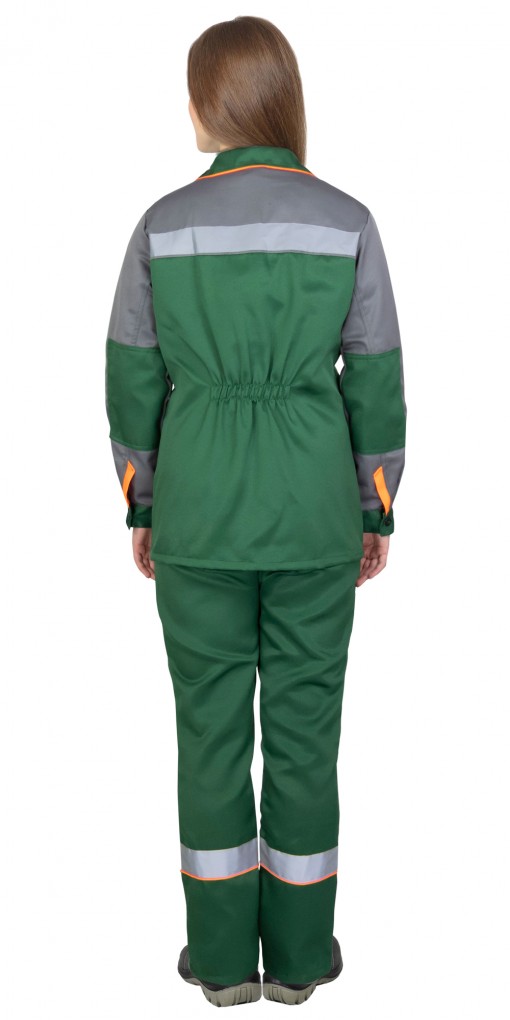 Костюм СИРИУС-УДАРНИЦА женский: куртка/полукомбинезон зеленый со средне-серым с оранжевой отделкой и СОП