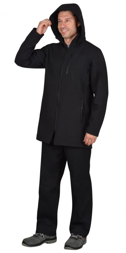 Куртка СИРИУС-АЗОВ демисезонная  удлиненная с капюшоном софтшелл черная