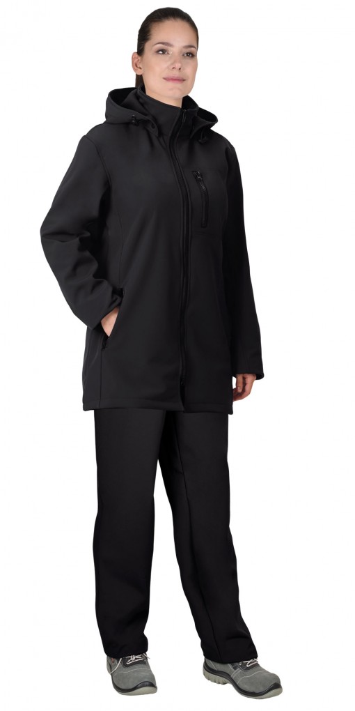 Куртка СИРИУС-АЗОВ демисезонная  удлиненная с капюшоном софтшелл черная