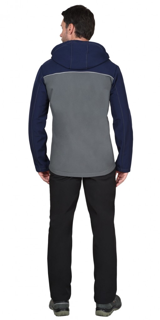 Куртка СИРИУС-СПРИНТЕР СОФТ демисезонная удлиненная с капюшоном софтшелл серая с синим