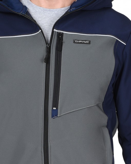 Куртка СИРИУС-СПРИНТЕР СОФТ демисезонная удлиненная с капюшоном софтшелл серая с синим