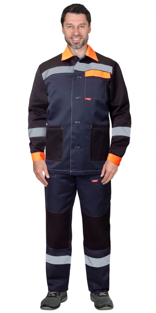 Костюм СИРИУС-ПРОФИЛЬ куртка/брюки синий с черным с оранжевой отделкой и СОП