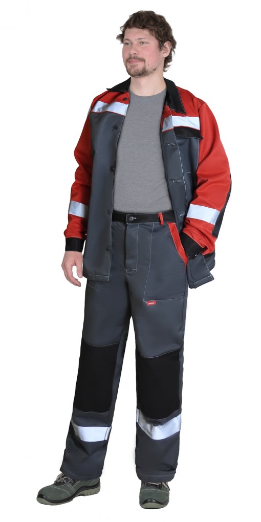 Костюм СИРИУС-ПРОФИЛЬ куртка/брюки темно-серый с красным с черной отделкой и СОП