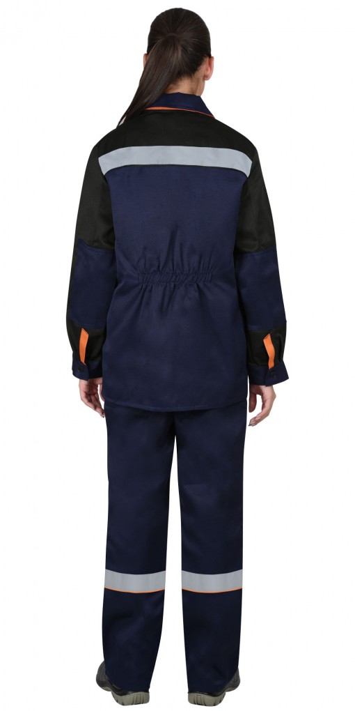 Костюм СИРИУС-УДАРНИЦА женский: куртка/полукомбинезон темно-синий с черным с оранжевой отделкой и СОП