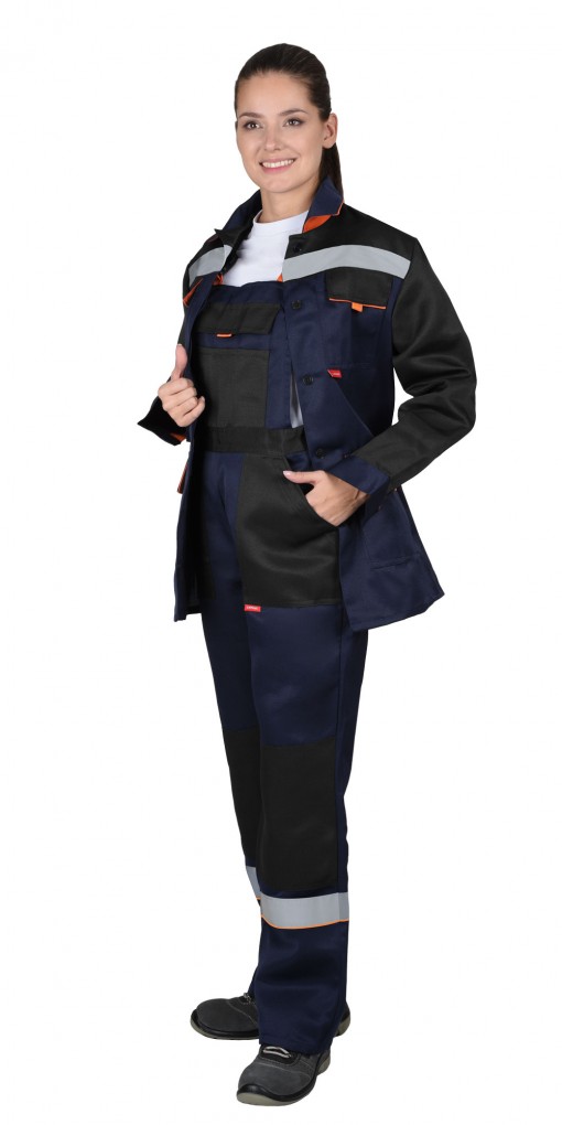Костюм СИРИУС-УДАРНИЦА женский: куртка/полукомбинезон темно-синий с черным с оранжевой отделкой и СОП
