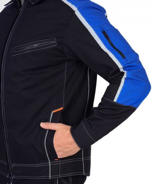 Костюм СИРИУС-ДЖЕТ куртка, полукомбинезон, темно-синий с васильковым и оранжевым и СОП (узб. Саржа)
