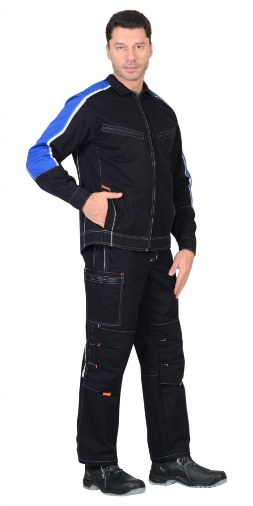 Костюм СИРИУС-ДЖЕТ куртка, полукомбинезон, темно-синий с васильковым и оранжевым и СОП (узб. Саржа)