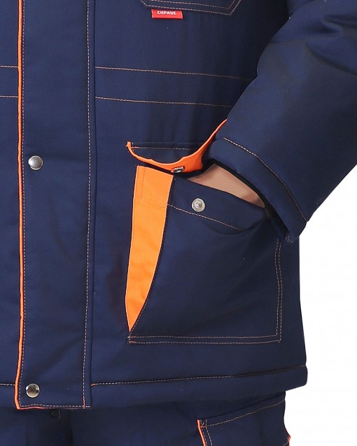 Костюм СИРИУС-ЛИДЕР-М зимний: куртка., полукомбинезон синий с оранжевым и СОП мех. воротник