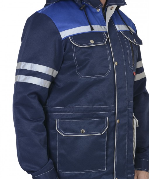 Костюм СИРИУС-ЛИДЕР куртка, полукомбинезон,темно-синий с васильковым и молочным и СОП 25 мм.
