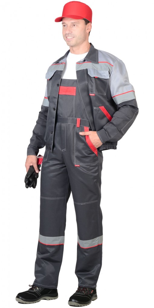 Костюм СИРИУС-МАЯК куртка, полукомбинезон, темно-серый со св.серым и красным и СОП 50мм