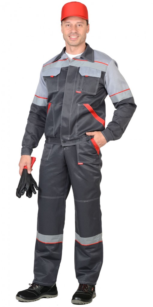 Костюм СИРИУС-МАЯК куртка, полукомбинезон, темно-серый со св.серым и красным и СОП 50мм