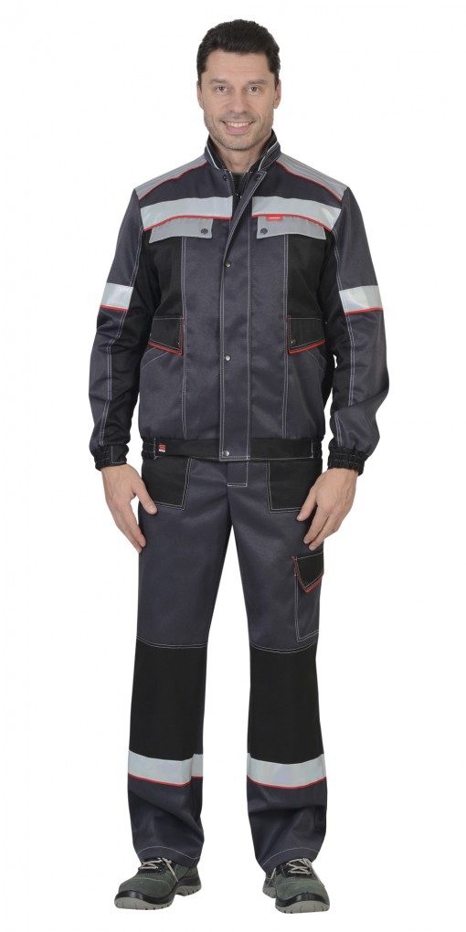 Костюм СИРИУС-ПОЛИНОМ куртка, полукомбинезон, темно-серый со св.серым,черным,красным и СОП 50мм