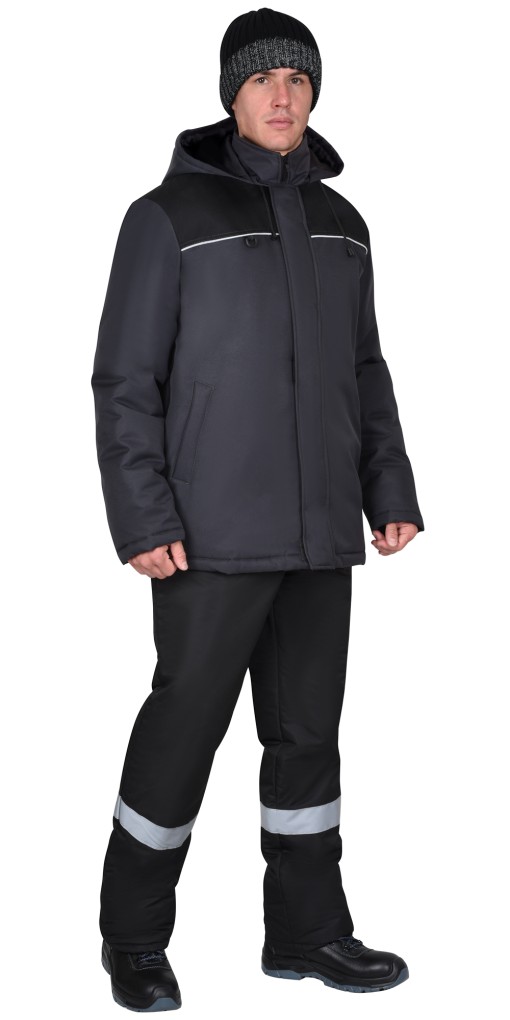 Куртка СИРИУС-МАСТЕР-М зимняя, мужская: с капюшоном, тёмно-серая с черым и СК с флисовым воротником