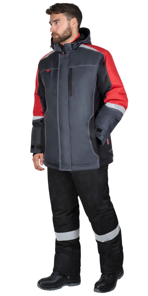 Куртка СИРИУС-ФАВОРИТ-МЕГА-М зимняя, мужская, длинная: тёмно-серая с черным, красным и СОП