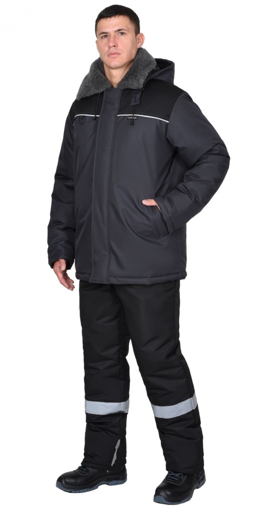 Куртка СИРИУС-МАСТЕР-М зимняя, мужская: с капюшоном, тёмно-серая с черым и СК