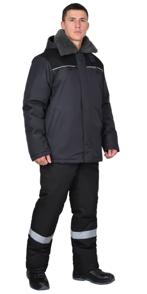 Куртка СИРИУС-МАСТЕР-М зимняя, мужская: с капюшоном, тёмно-серая с черым и СК