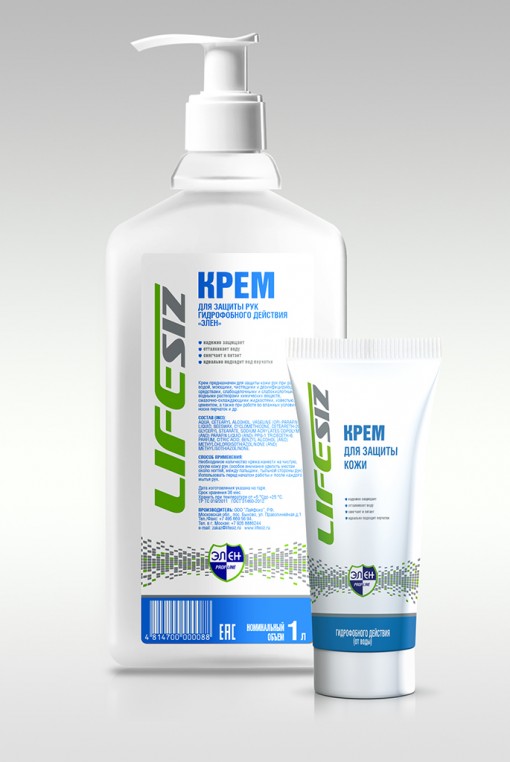 Крем гидрофобный Элен LifeSIZ для защиты рук от водных растворов, флакон с дозатором 1000 мл.