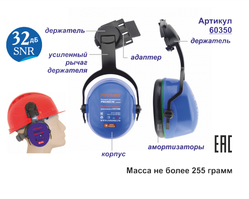 Наушники противошумные СОМЗ-35 ЧЕМПИОН с креплением на каску РОСОМЗ 60350